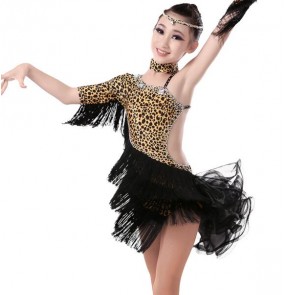 Leopard zebra printed fringes rhinestones girls kids children competition professional performance latin dance dresses dancewear